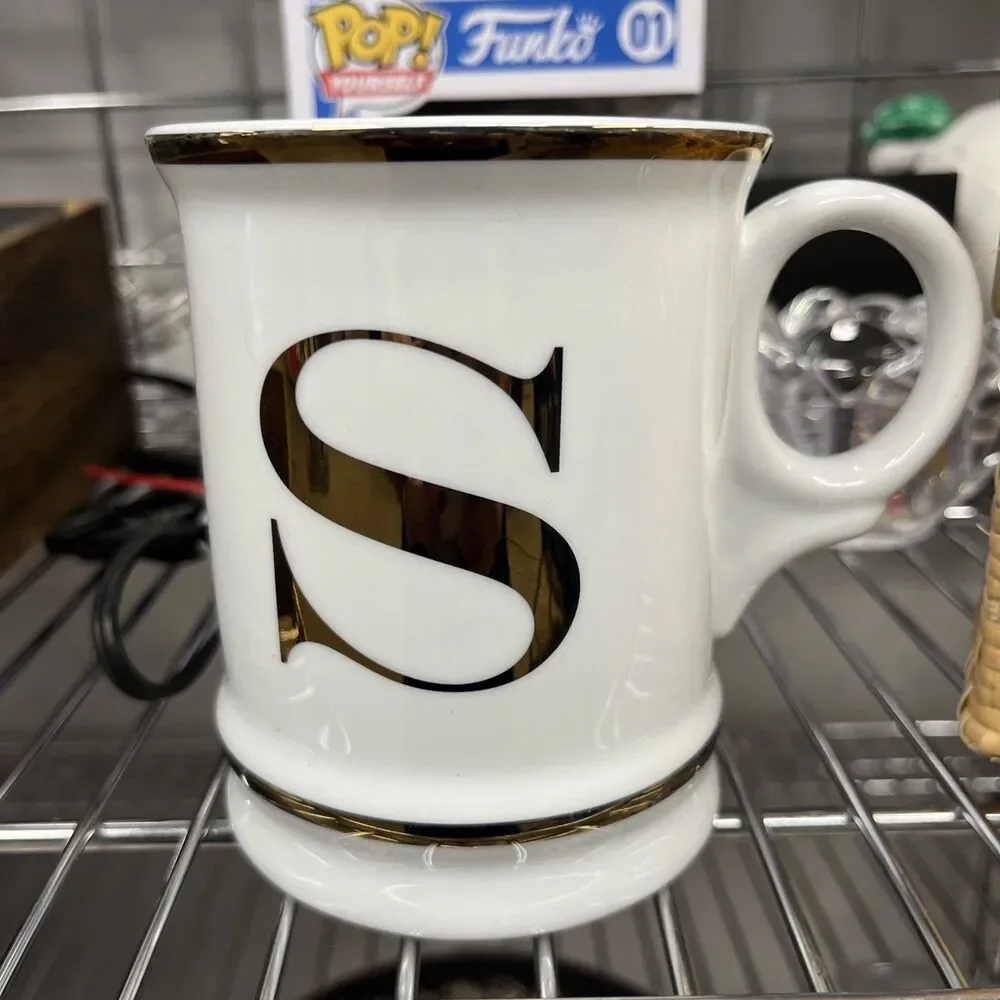 Williams Sonoma Mug Monogram S Letter Gold Initial Shaving 16 oz White Mug
